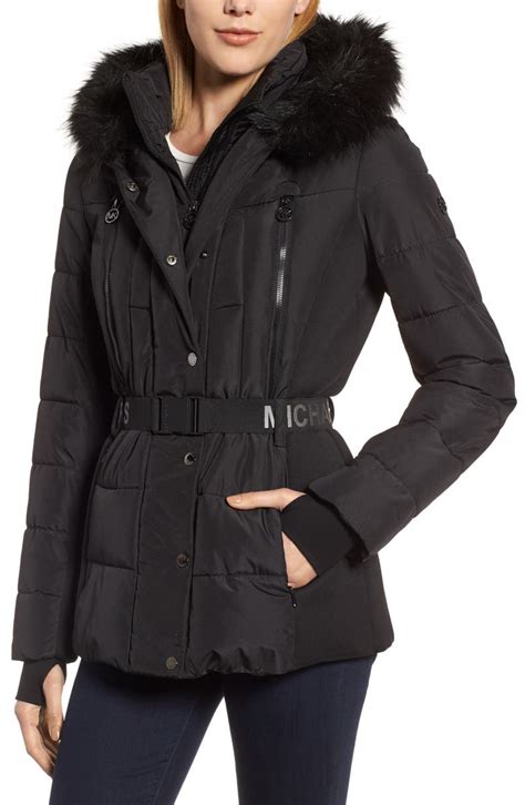 michael kors belted faux-fur trim hooded puffer coat|michael kors down puffer coat.